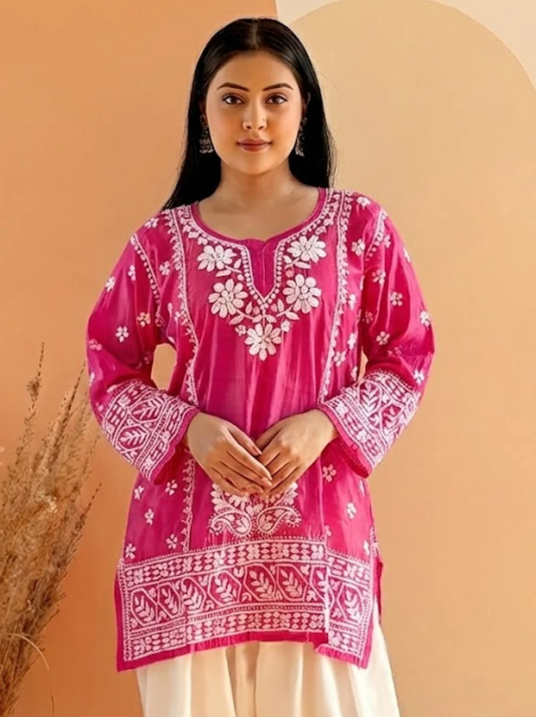 Rani Pink Chanderi Chikankari Farshi Salwar Set - Image 2