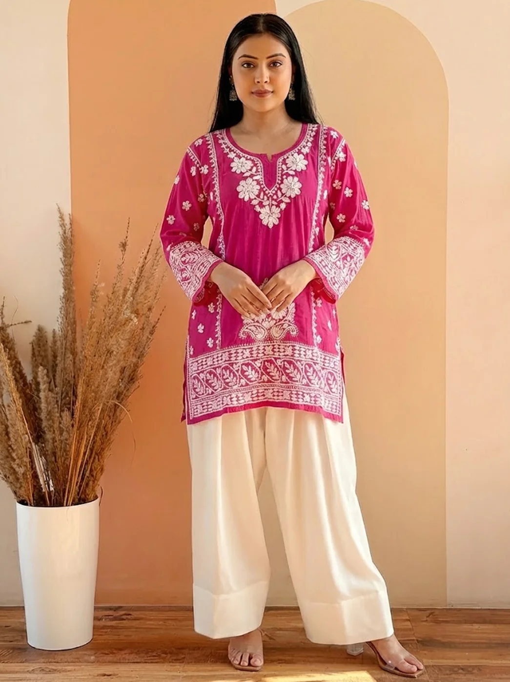 Rani Pink Chanderi Chikankari Farshi Salwar Set - Image 3