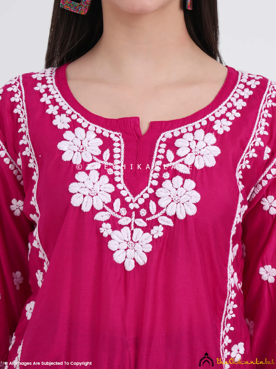 Idra Chanderi Chikankari Short Top - Rani Pink - Image 2