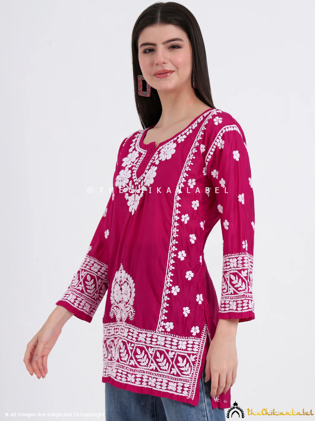Idra Chanderi Chikankari Short Top - Rani Pink - Image 3