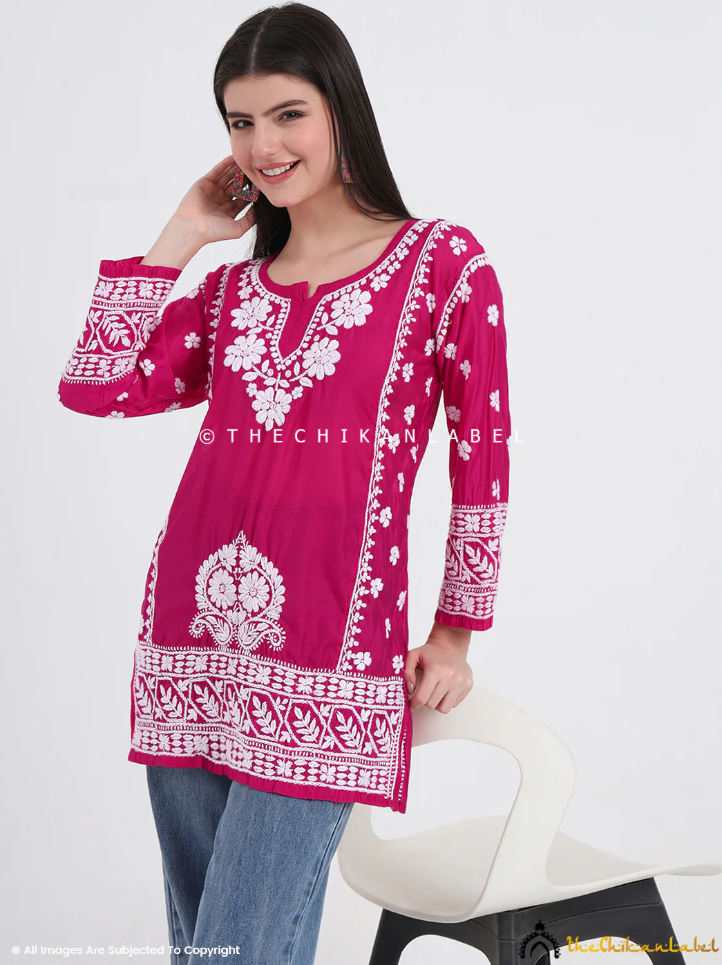 Idra Chanderi Chikankari Short Top - Rani Pink - Image 4