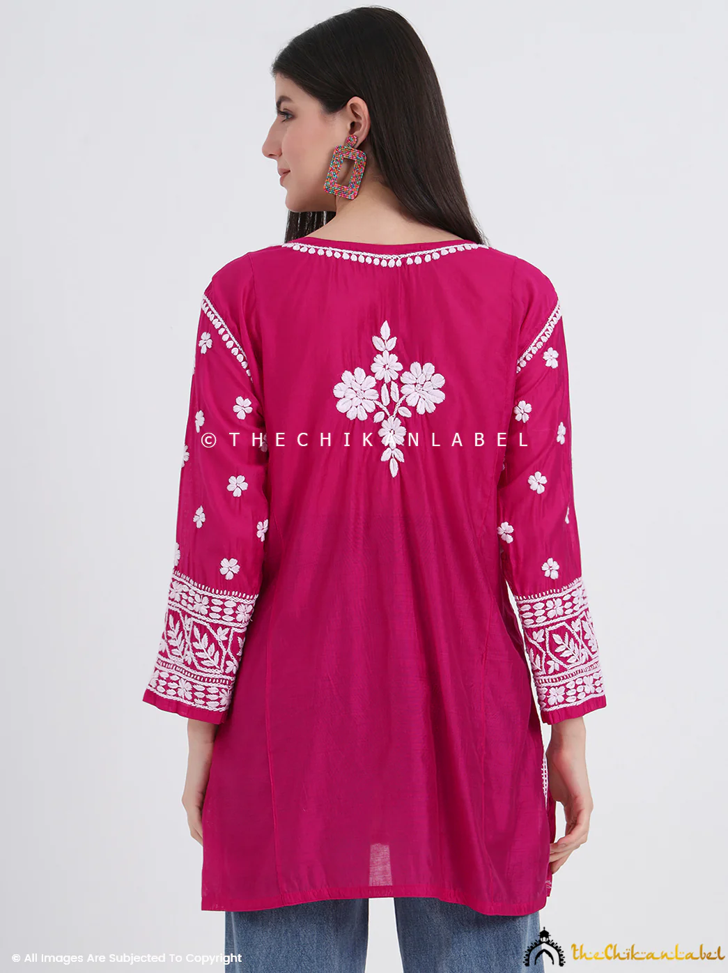 Idra Chanderi Chikankari Short Top - Rani Pink - Image 5