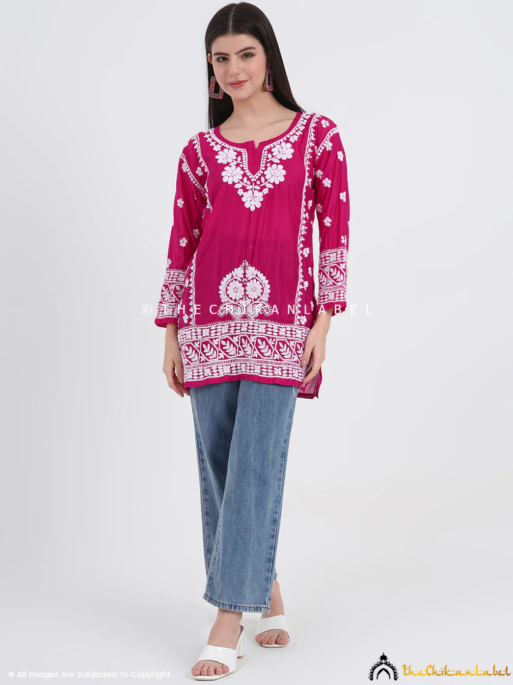 Idra Chanderi Chikankari Short Top - Rani Pink - Image 6