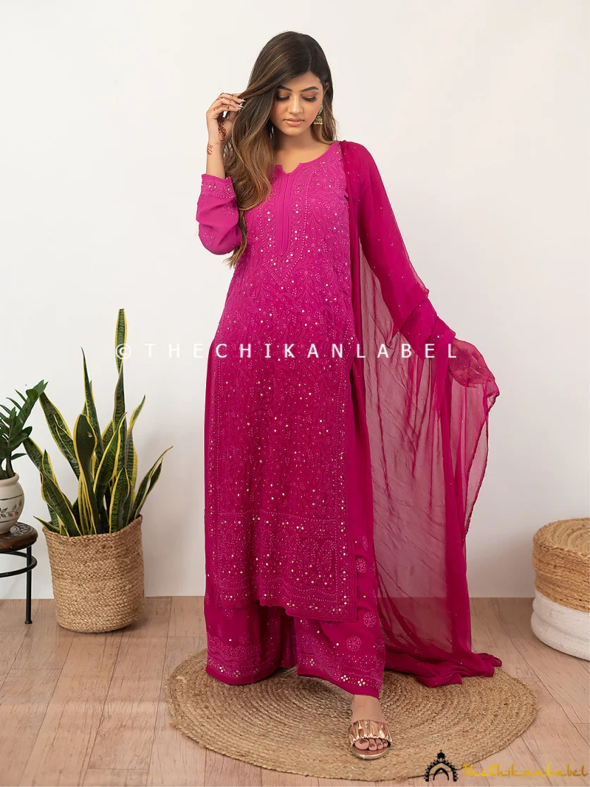 Sitara Chikankari Viscose Kurta Set with Dupatta - Rani Pink - Image 3
