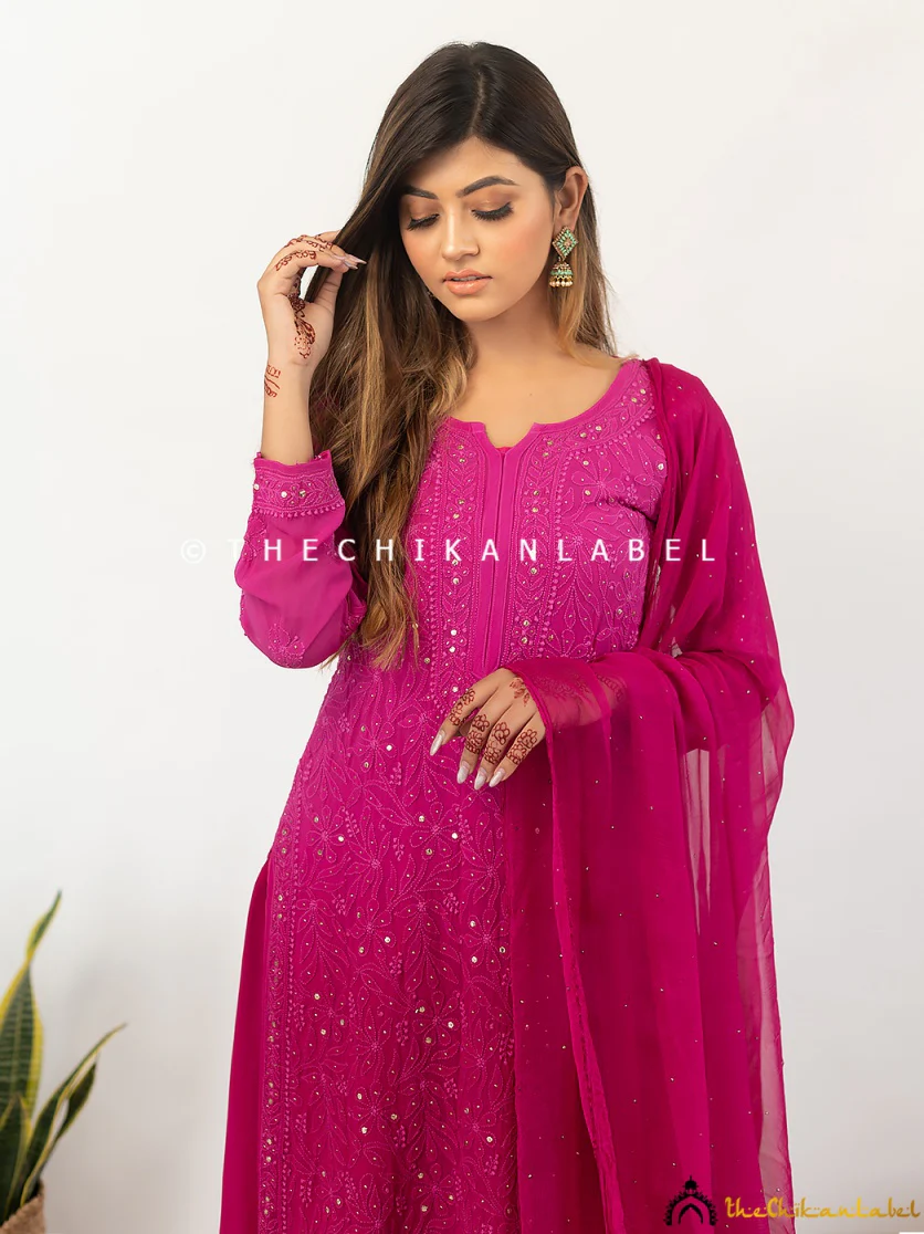 Sitara Chikankari Viscose Kurta Set with Dupatta - Rani Pink - Image 4