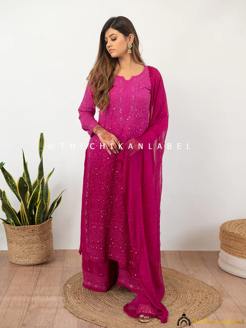 Sitara Chikankari Viscose Kurta Set with Dupatta - Rani Pink - Image 5