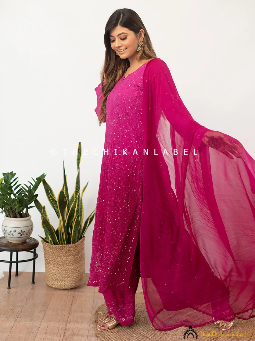 Sitara Chikankari Viscose Kurta Set with Dupatta - Rani Pink - Image 6