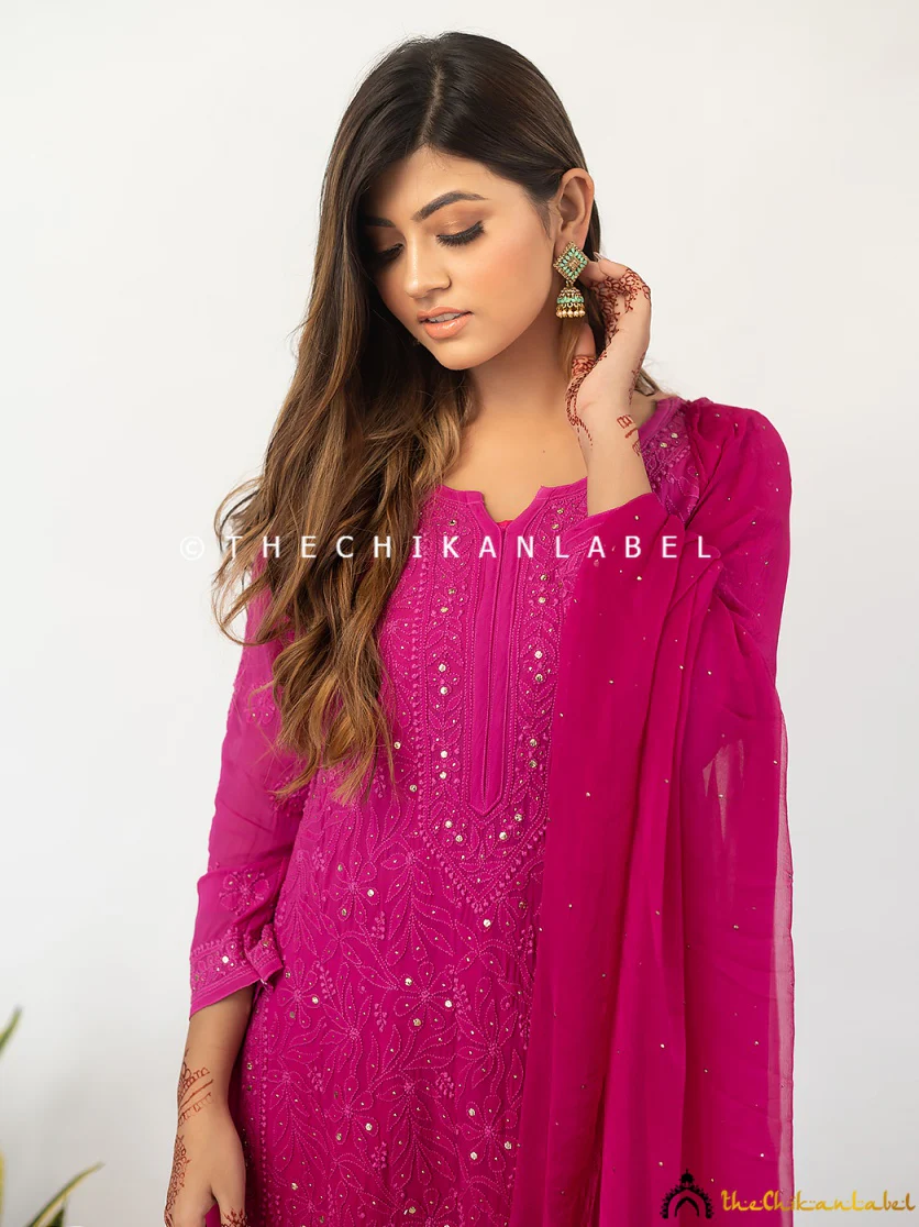 Sitara Chikankari Viscose Kurta Set with Dupatta - Rani Pink - Image 7