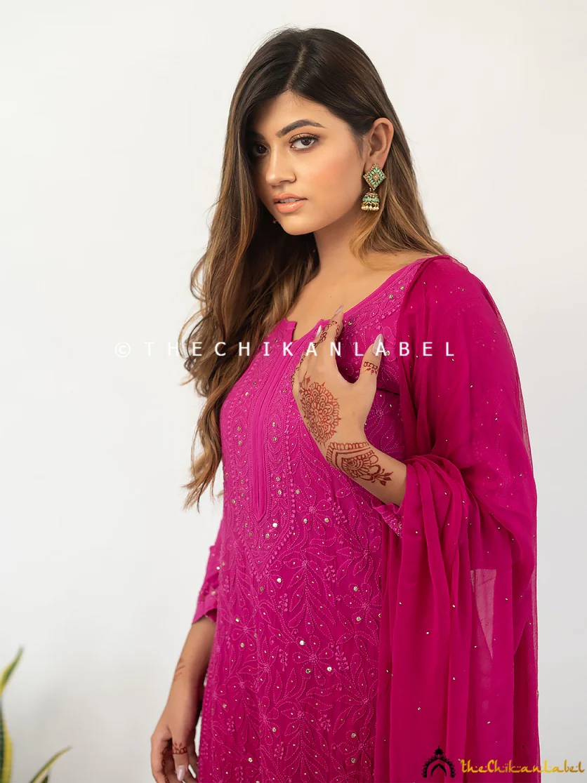 Sitara Chikankari Viscose Kurta Set with Dupatta - Rani Pink - Image 8