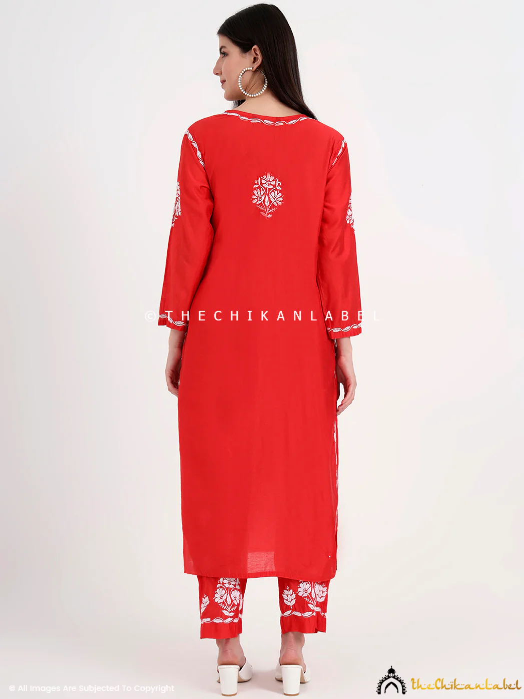 Aasia Chanderi Chikankari Kurti Palazzo Set - Red - Image 3