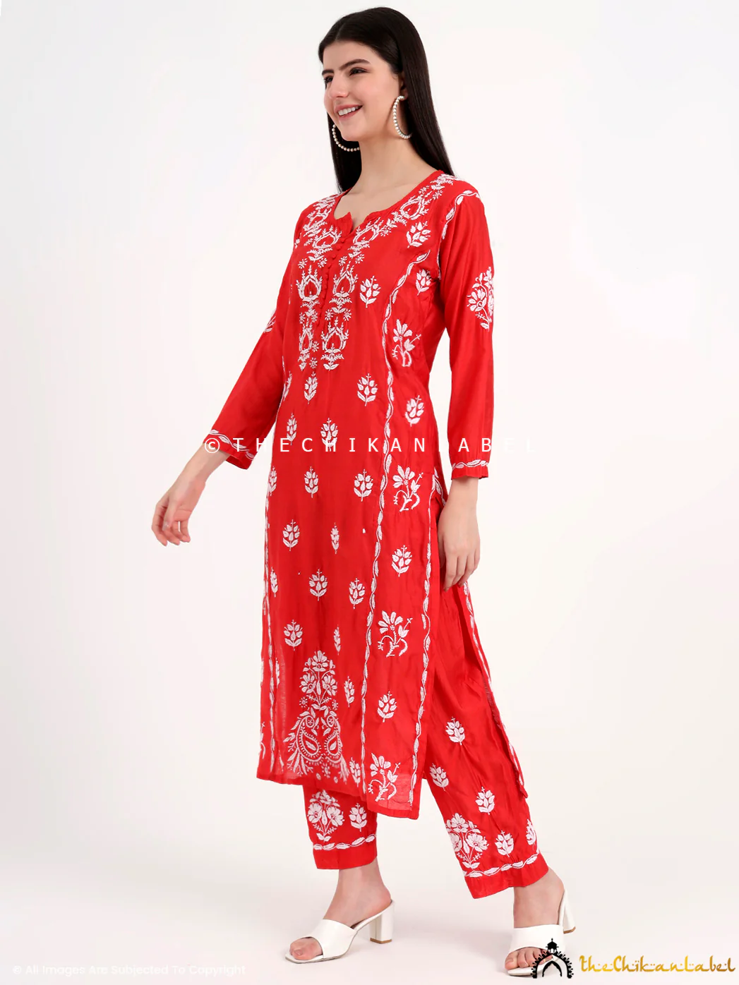 Aasia Chanderi Chikankari Kurti Palazzo Set - Red - Image 4