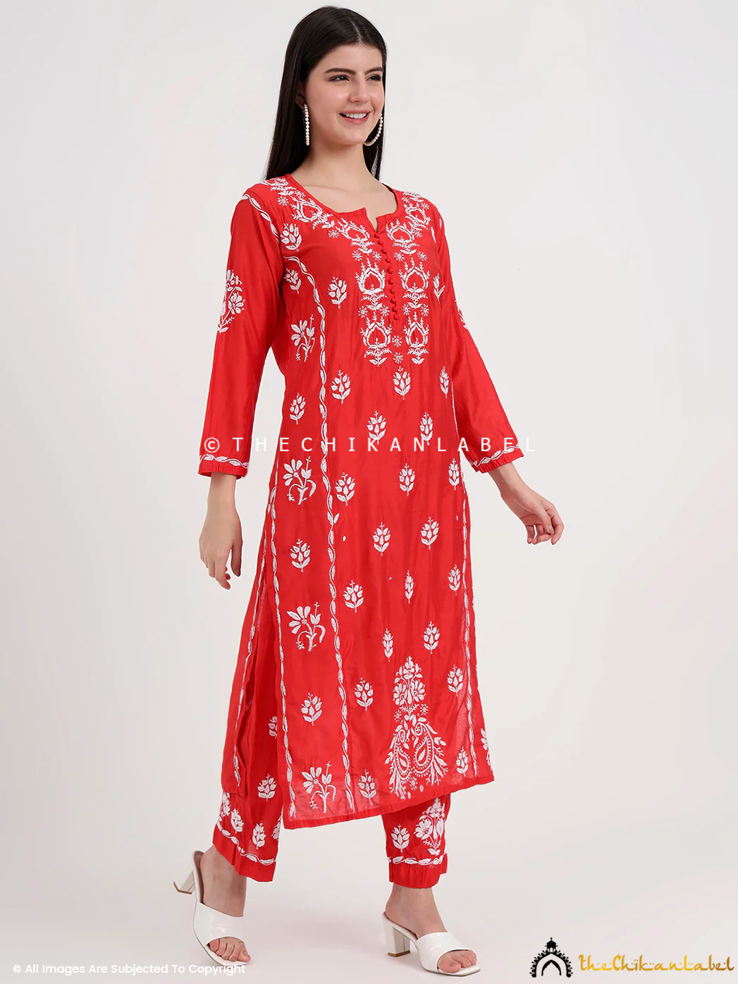 Aasia Chanderi Chikankari Kurti Palazzo Set - Red - Image 5
