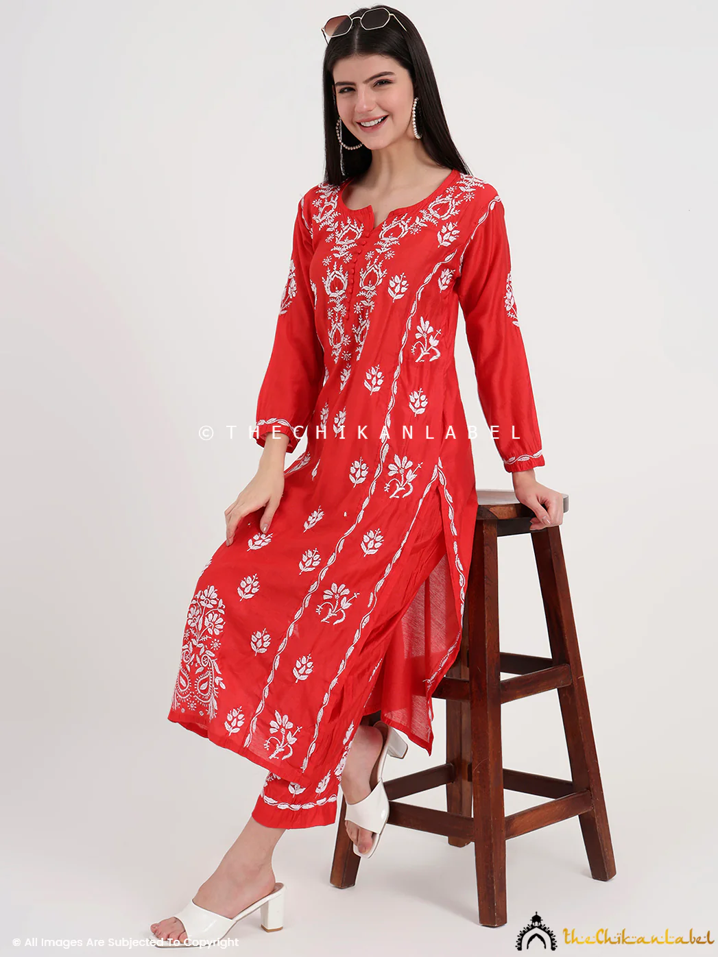 Aasia Chanderi Chikankari Kurti Palazzo Set - Red - Image 6