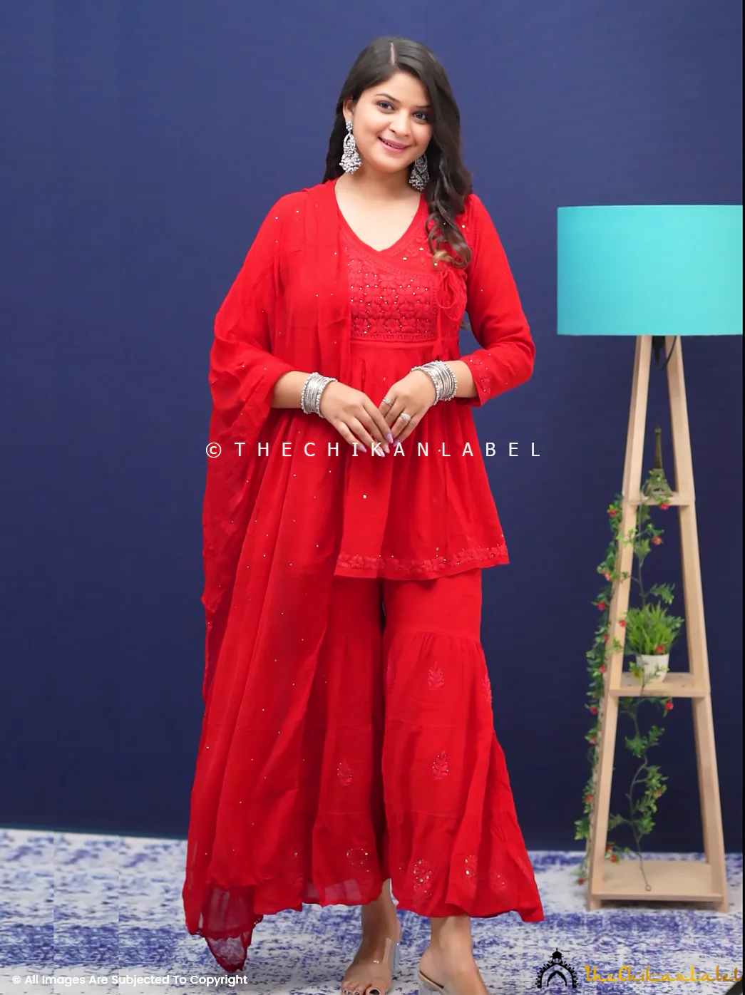 Red Aleena Chikankari Peplum Angarkha Sharara Set