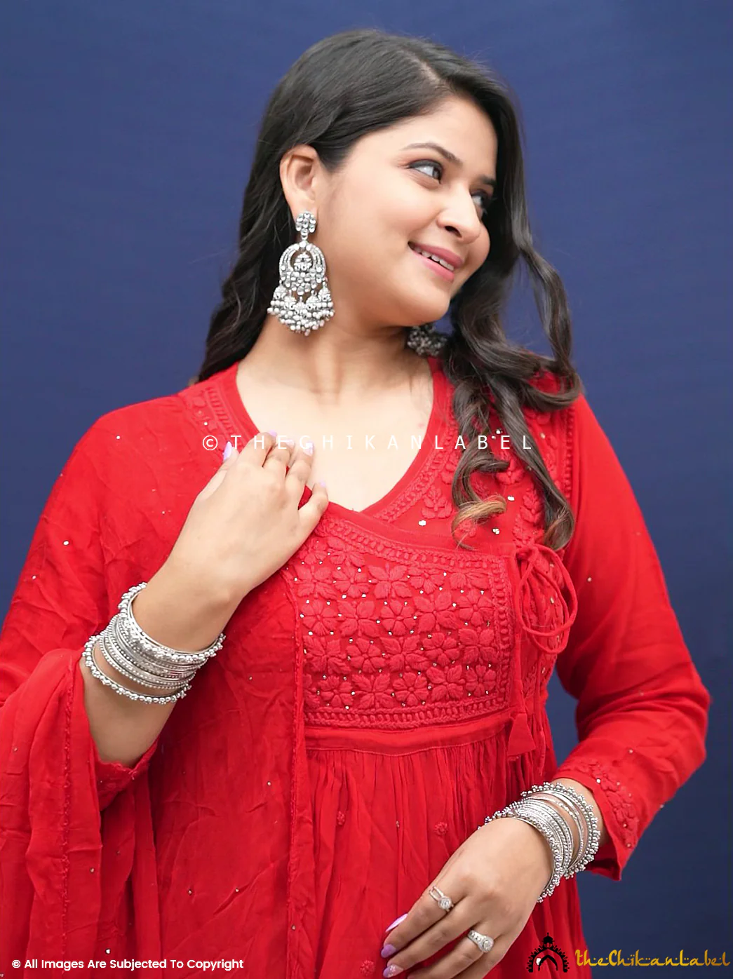 Red Aleena Chikankari Peplum Angarkha Sharara Set - Image 2