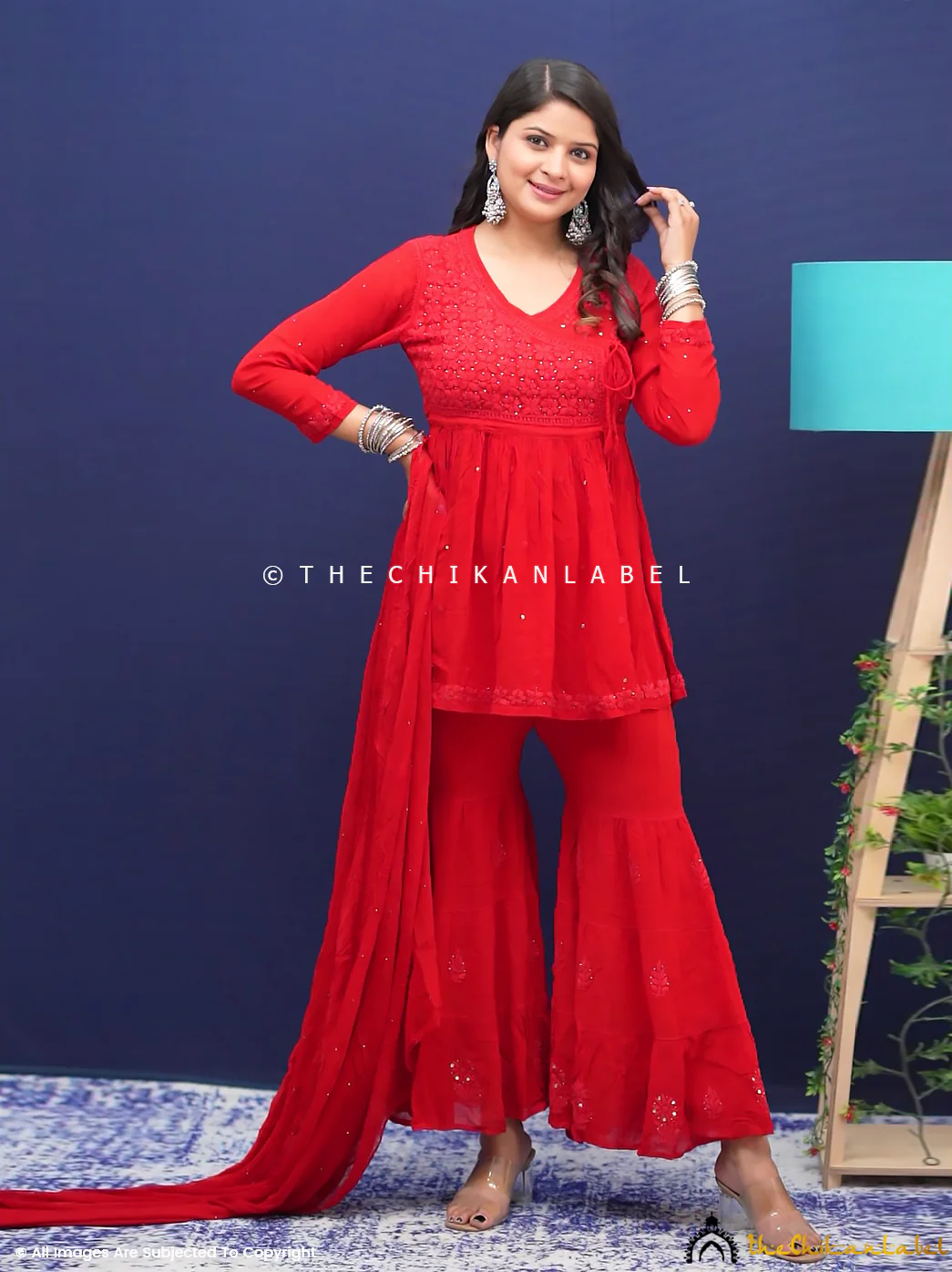 Red Aleena Chikankari Peplum Angarkha Sharara Set - Image 3