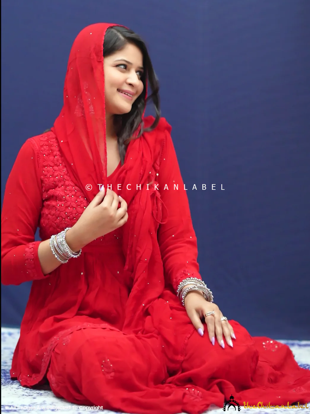 Red Aleena Chikankari Peplum Angarkha Sharara Set - Image 4