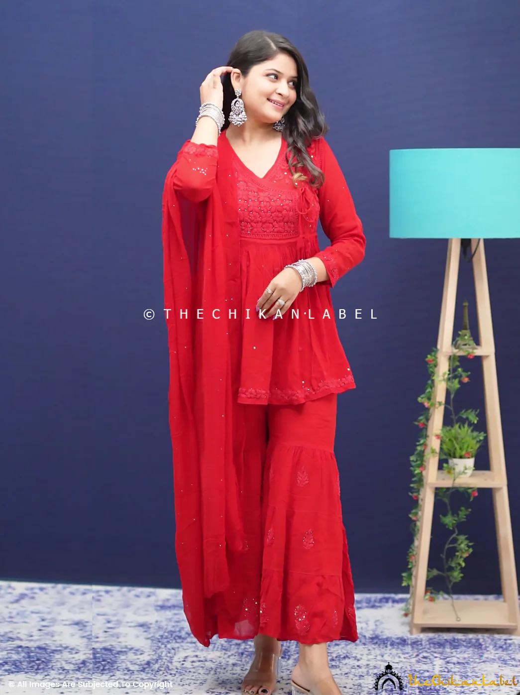 Red Aleena Chikankari Peplum Angarkha Sharara Set - Image 5