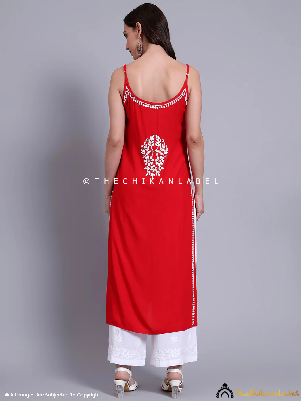 Aliza Modal Chikankari Strappy Long Kurta - Red - Image 3