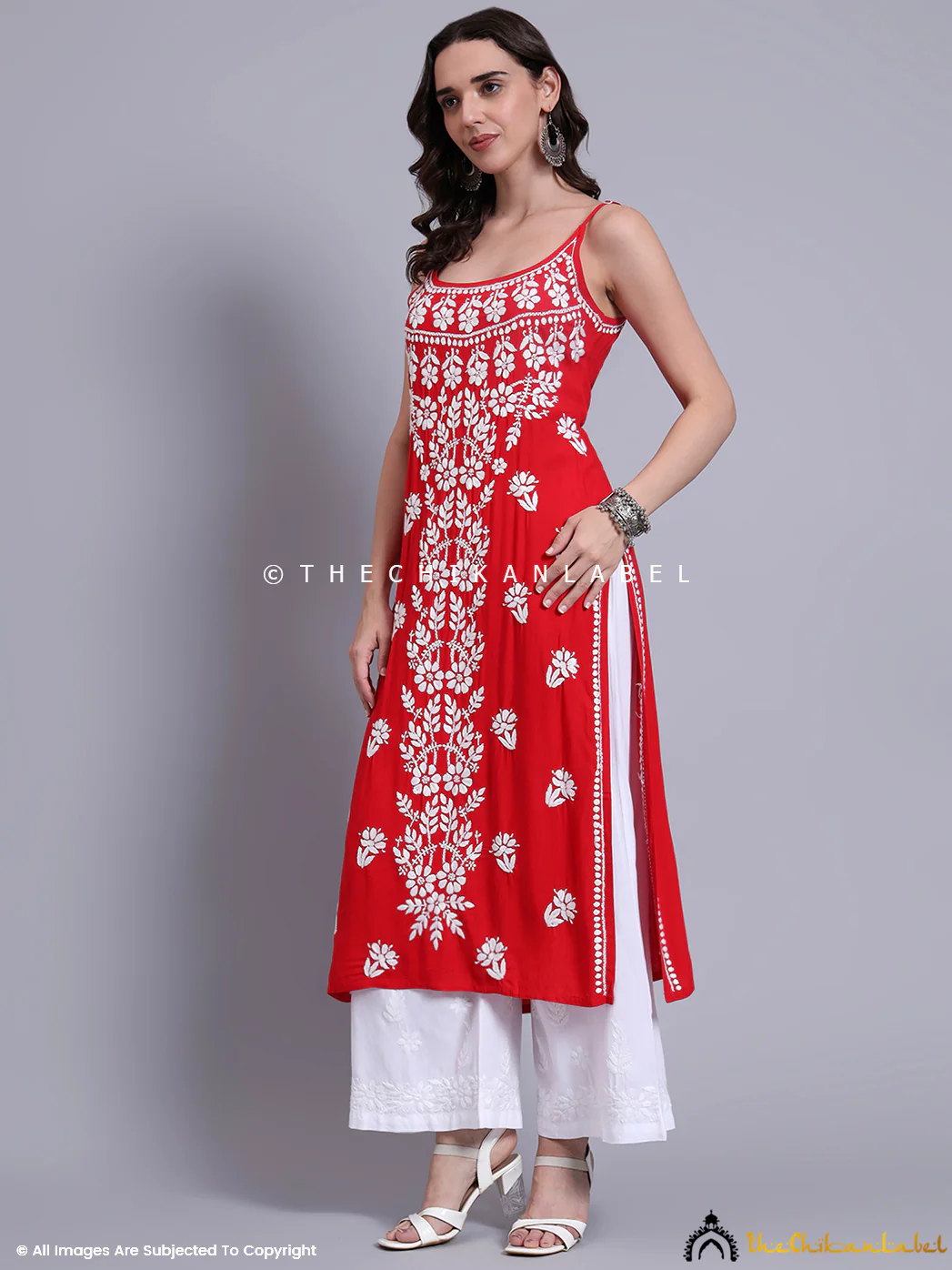 Aliza Modal Chikankari Strappy Long Kurta - Red - Image 4