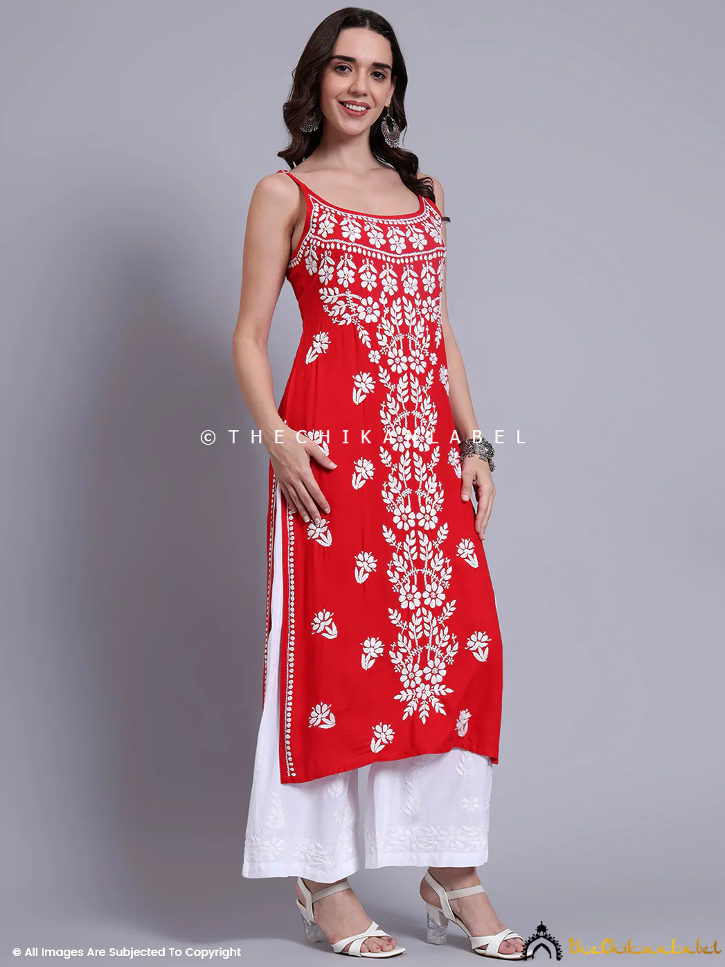 Aliza Modal Chikankari Strappy Long Kurta - Red - Image 5