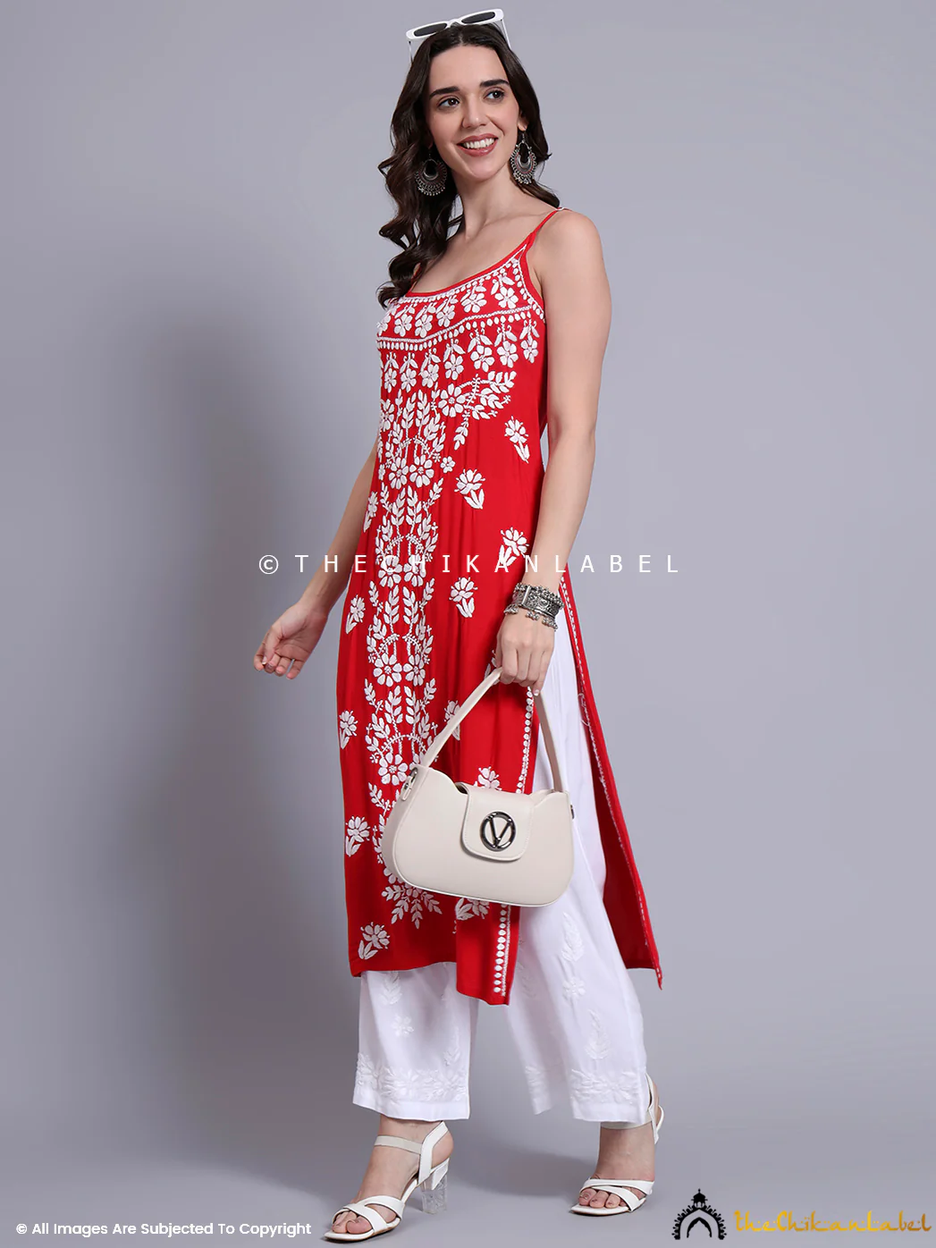 Aliza Modal Chikankari Strappy Long Kurta - Red - Image 6