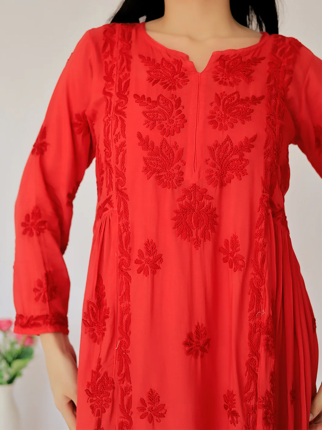 Anisa Modal Chikankari A-Line Kurti- Red - Image 2