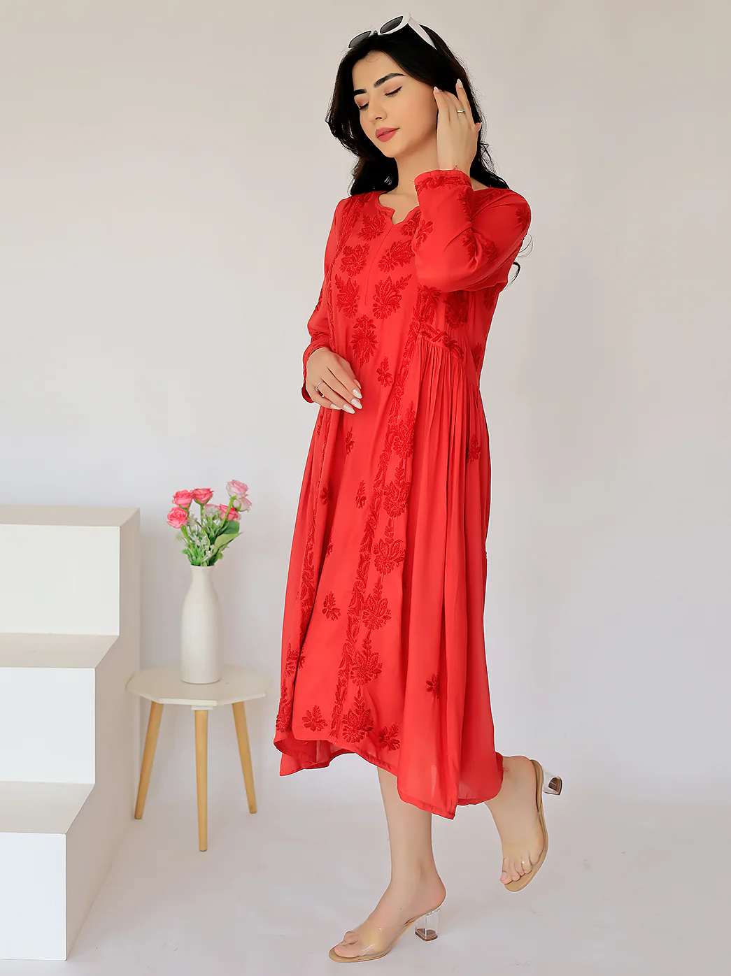 Anisa Modal Chikankari A-Line Kurti- Red - Image 3