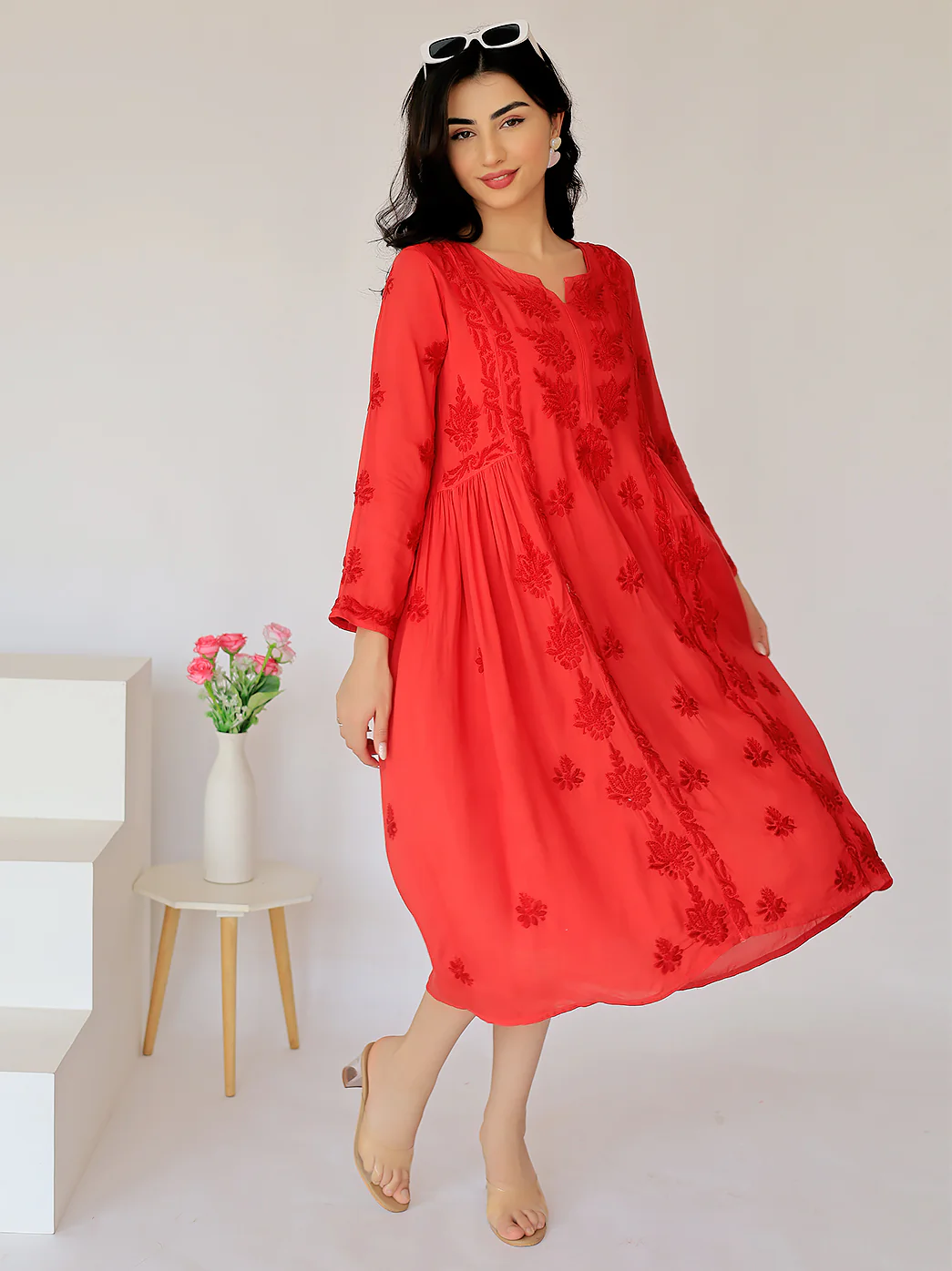 Anisa Modal Chikankari A-Line Kurti- Red - Image 4