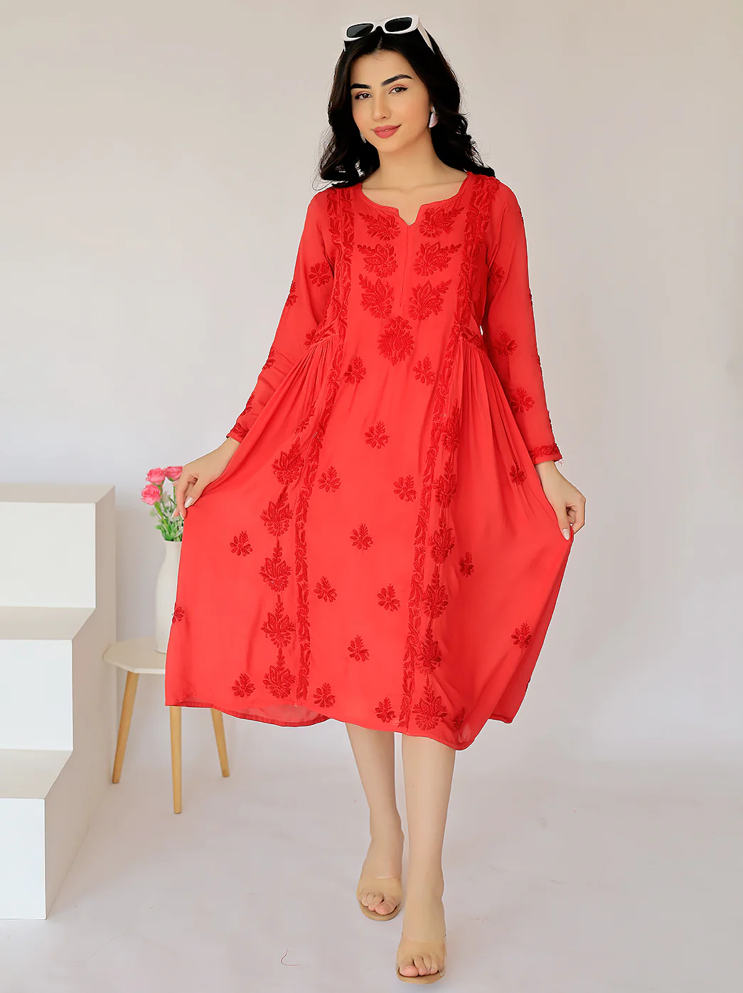 Anisa Modal Chikankari A-Line Kurti- Red - Image 5
