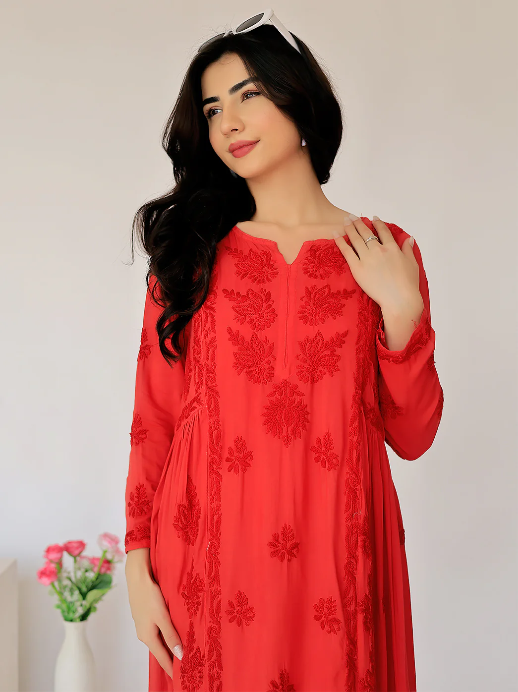 Anisa Modal Chikankari A-Line Kurti- Red - Image 6