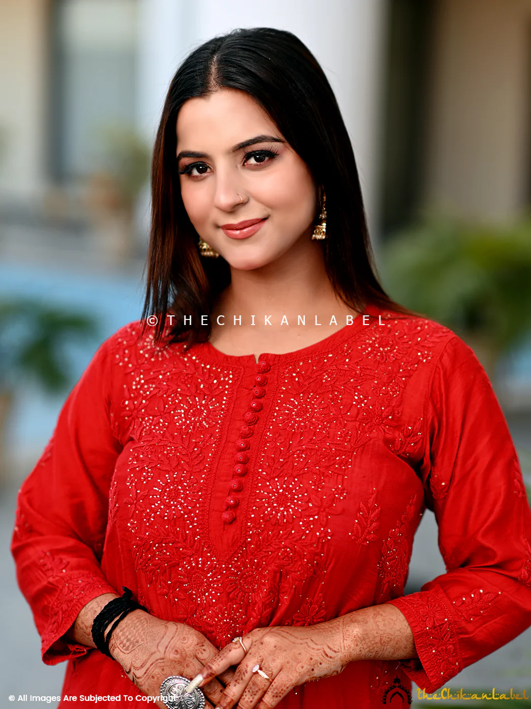 Aniya Chanderi Chikankari Straight Kurti - Red - Image 2
