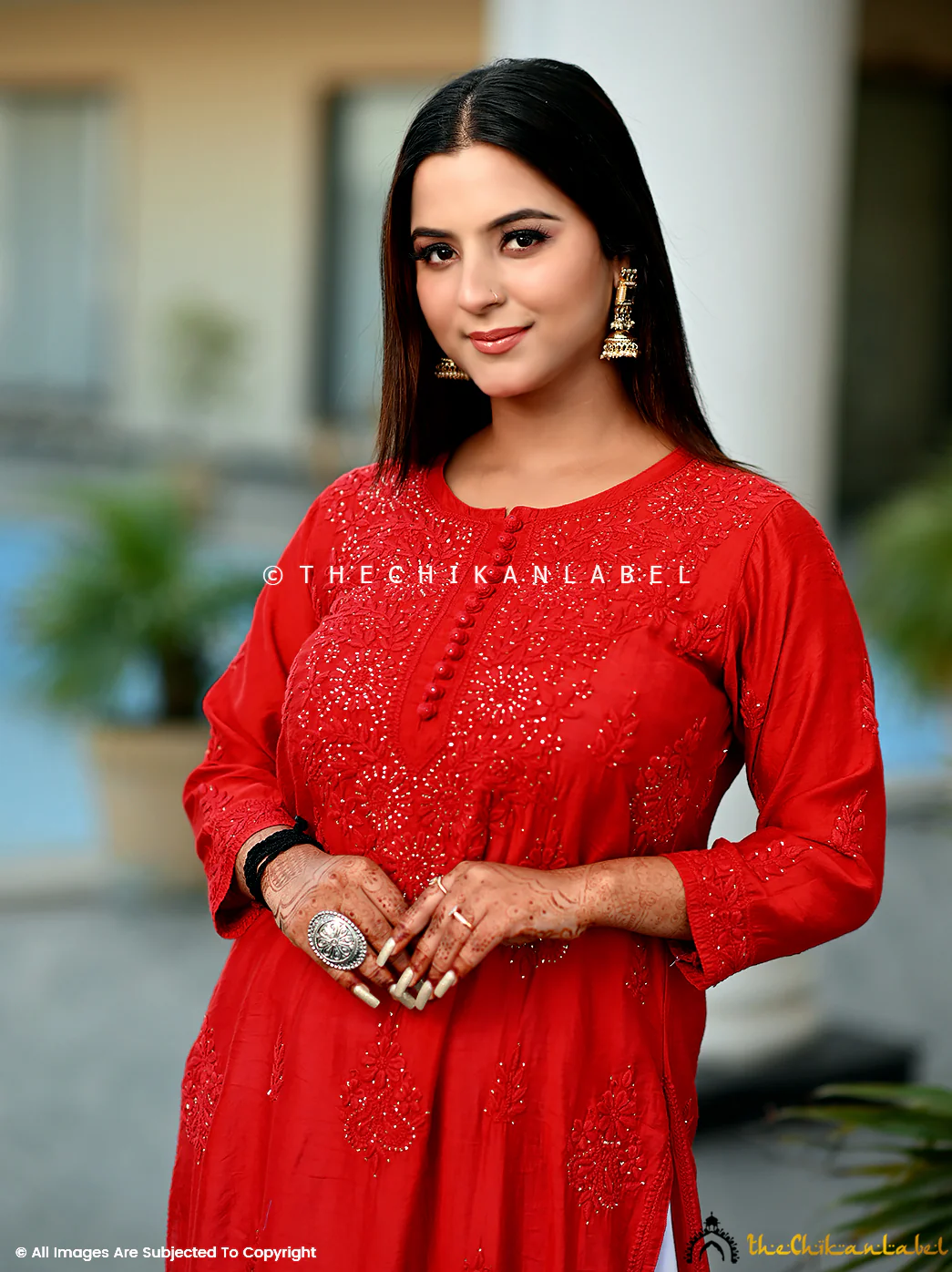Aniya Chanderi Chikankari Straight Kurti - Red - Image 3