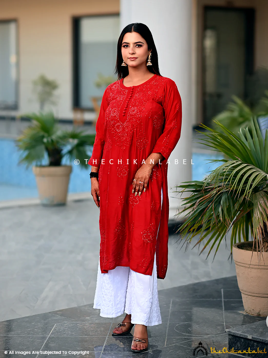 Aniya Chanderi Chikankari Straight Kurti - Red - Image 4