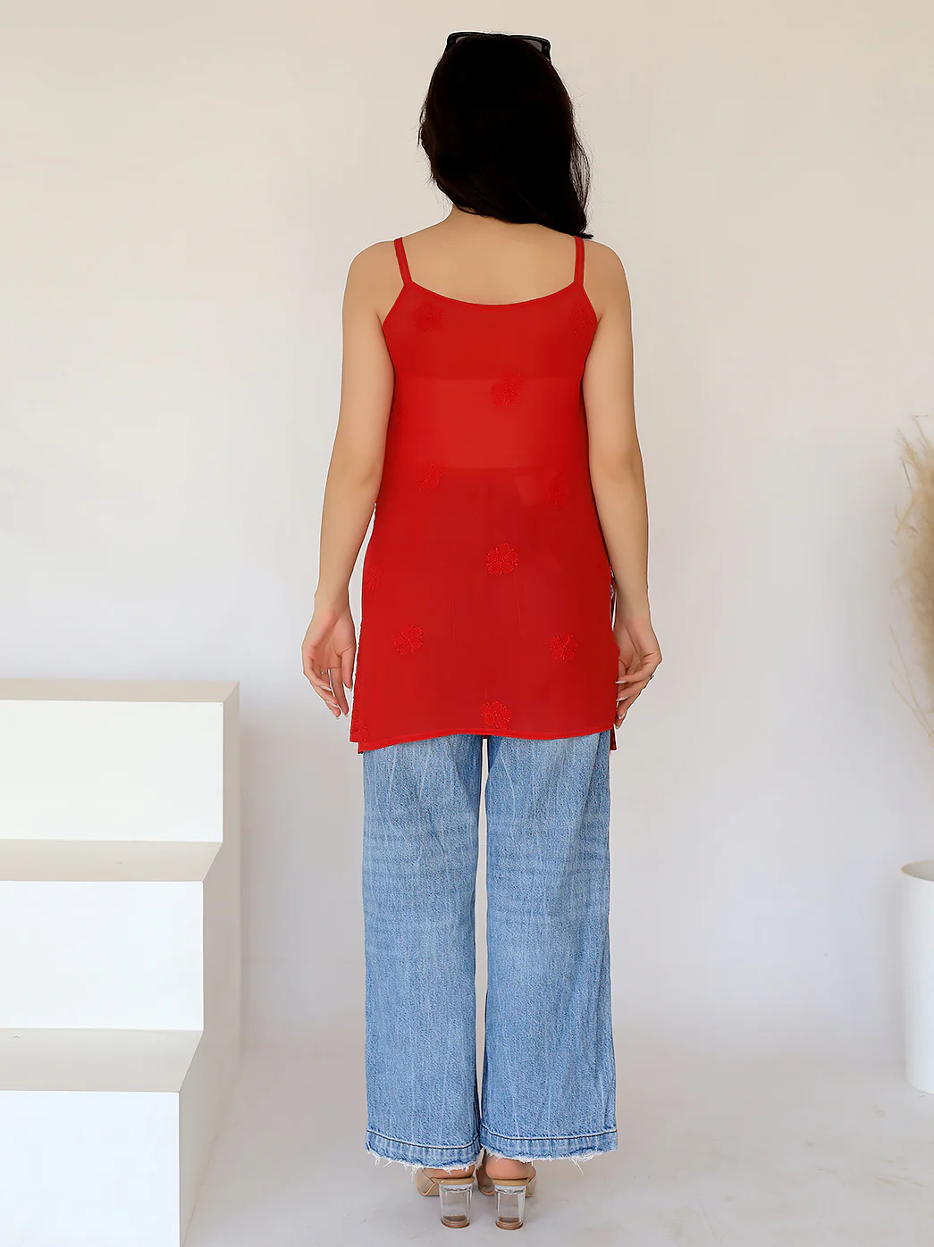 Ardra Viscose Chikankari Strappy Short Kurta-Red - Image 2