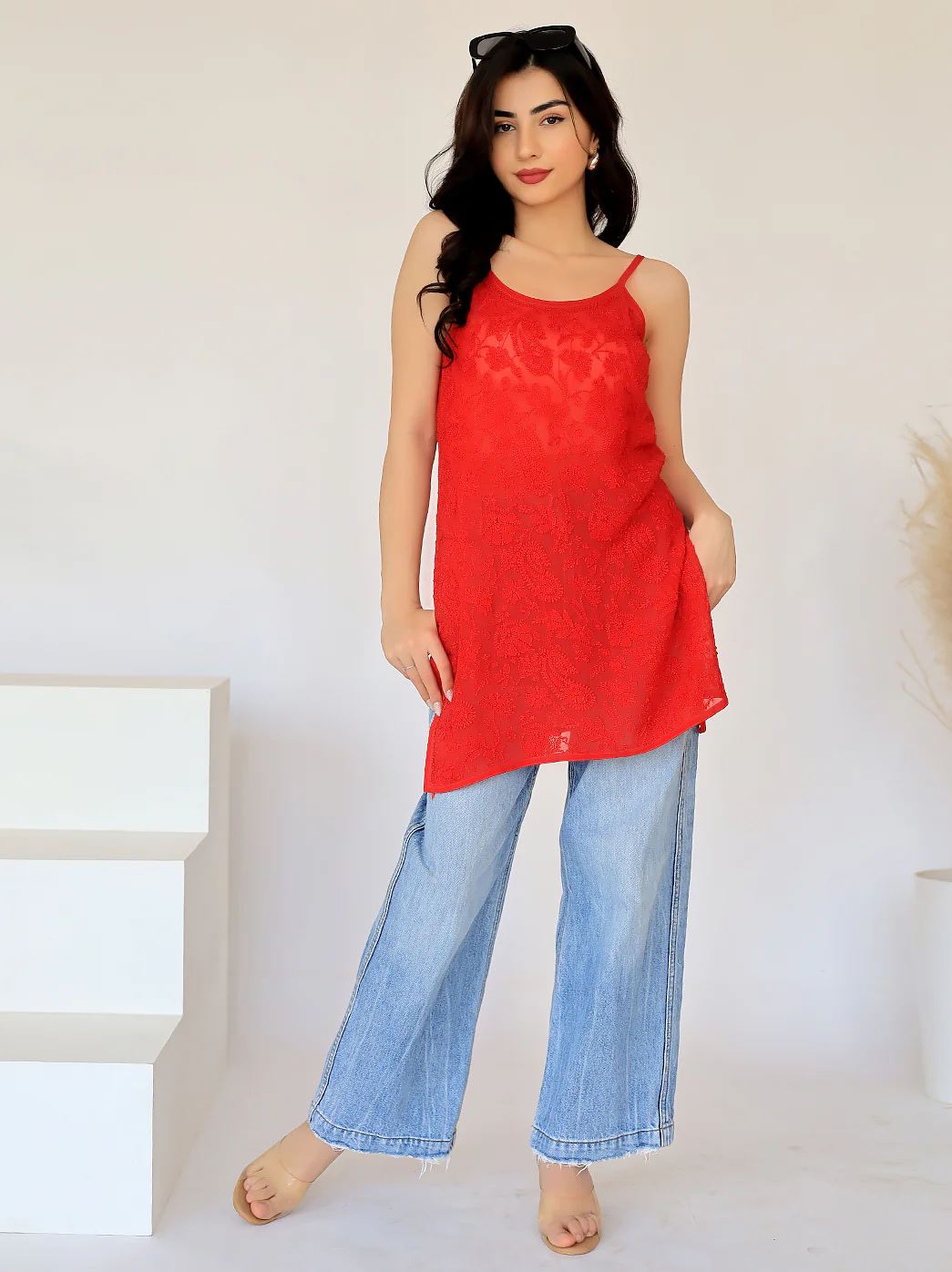 Ardra Viscose Chikankari Strappy Short Kurta-Red - Image 4