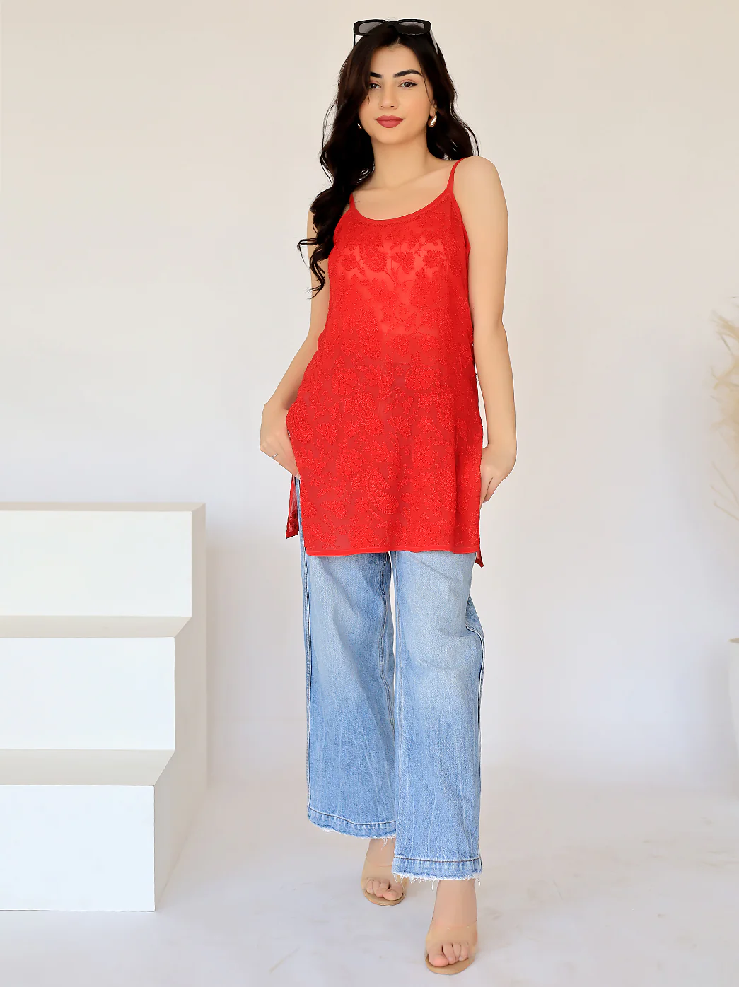Ardra Viscose Chikankari Strappy Short Kurta-Red - Image 5