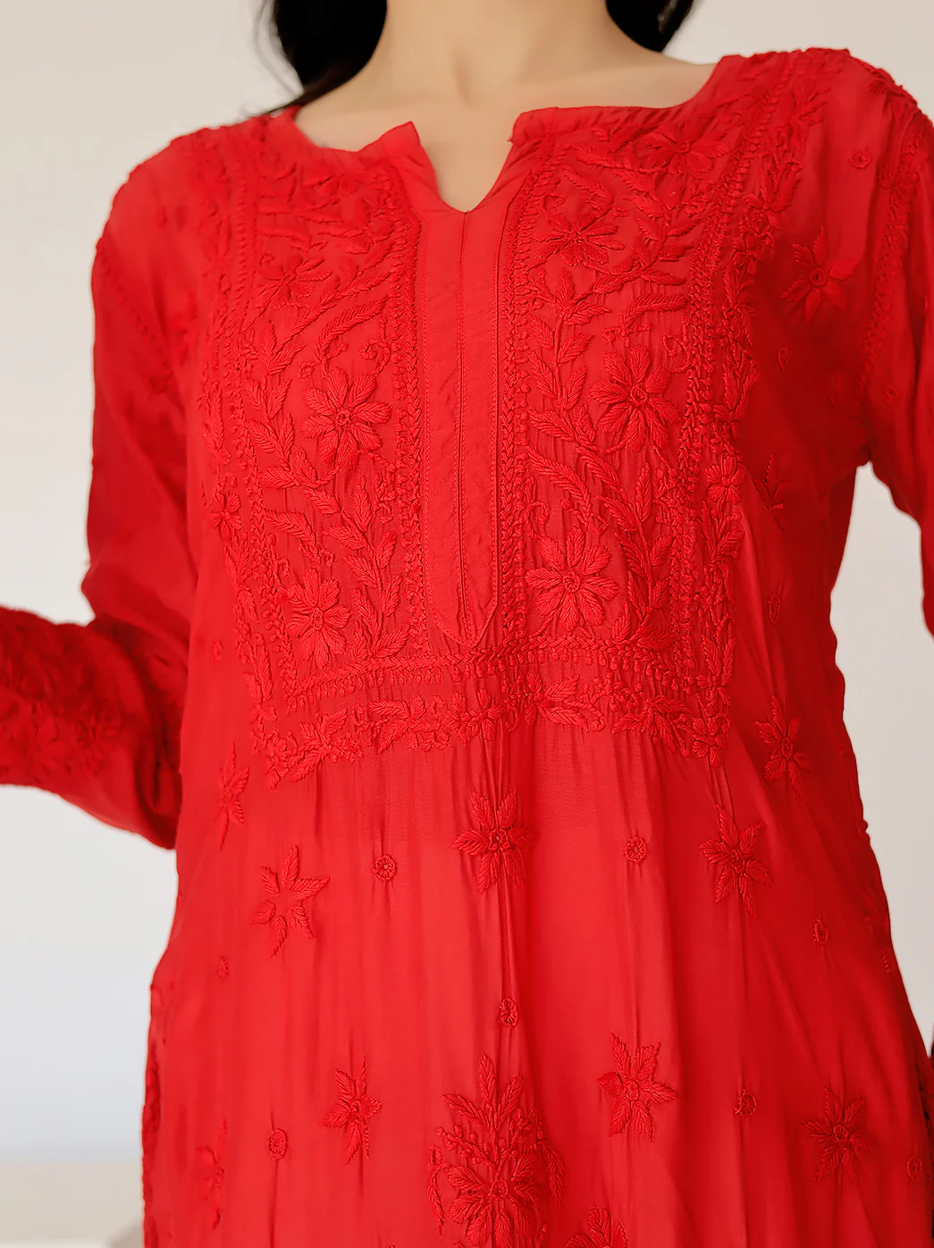 Arzu Upada Silk Chikankari Straight Kurti - Red - Image 2