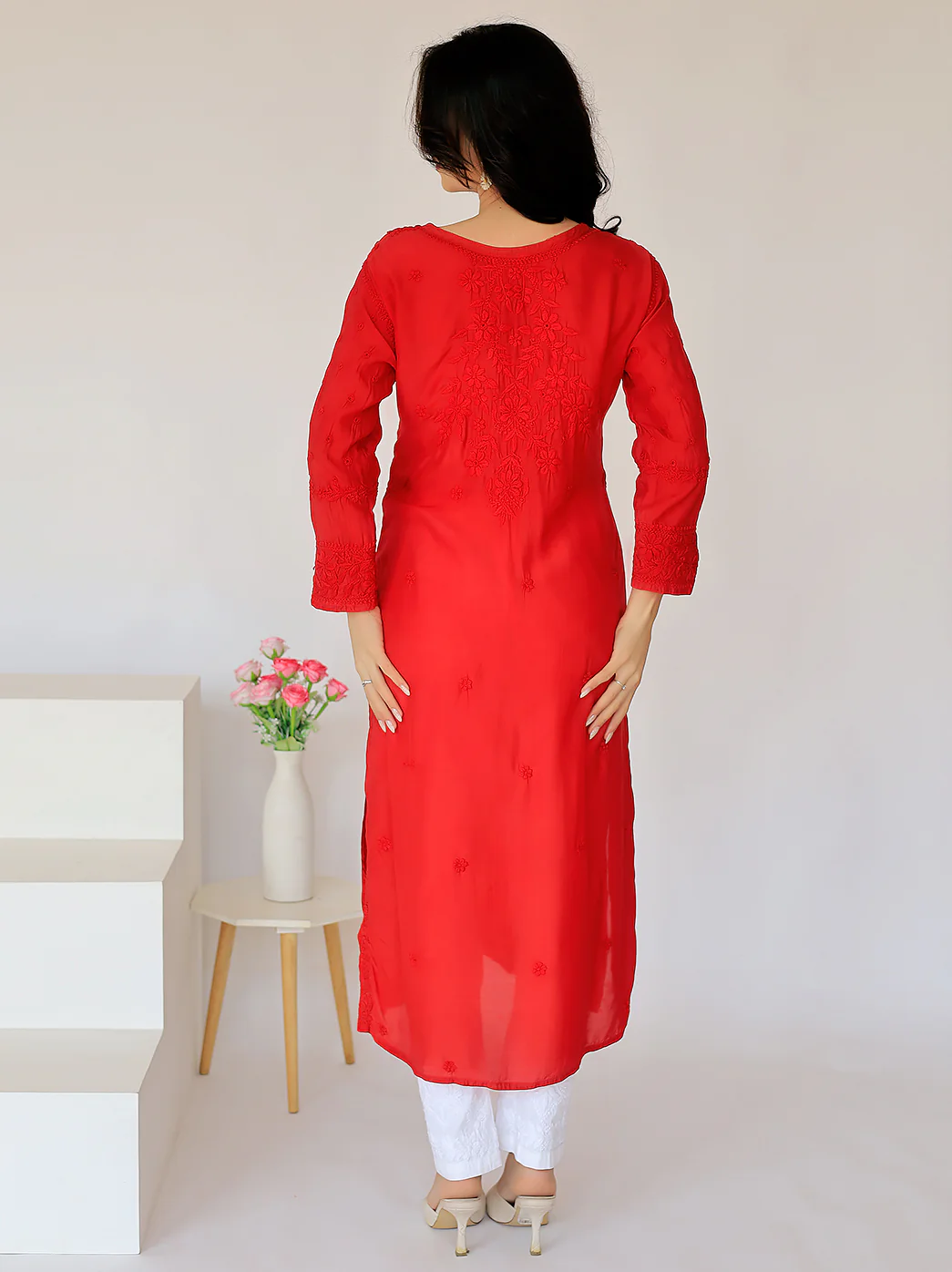 Arzu Upada Silk Chikankari Straight Kurti - Red - Image 3