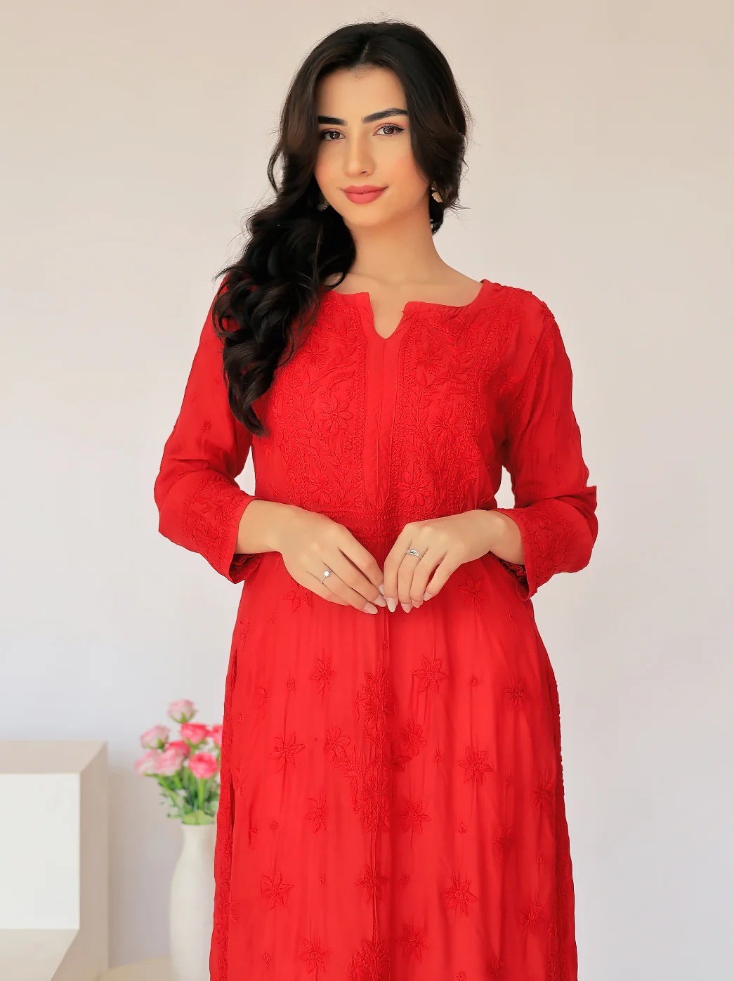 Arzu Upada Silk Chikankari Straight Kurti - Red - Image 4