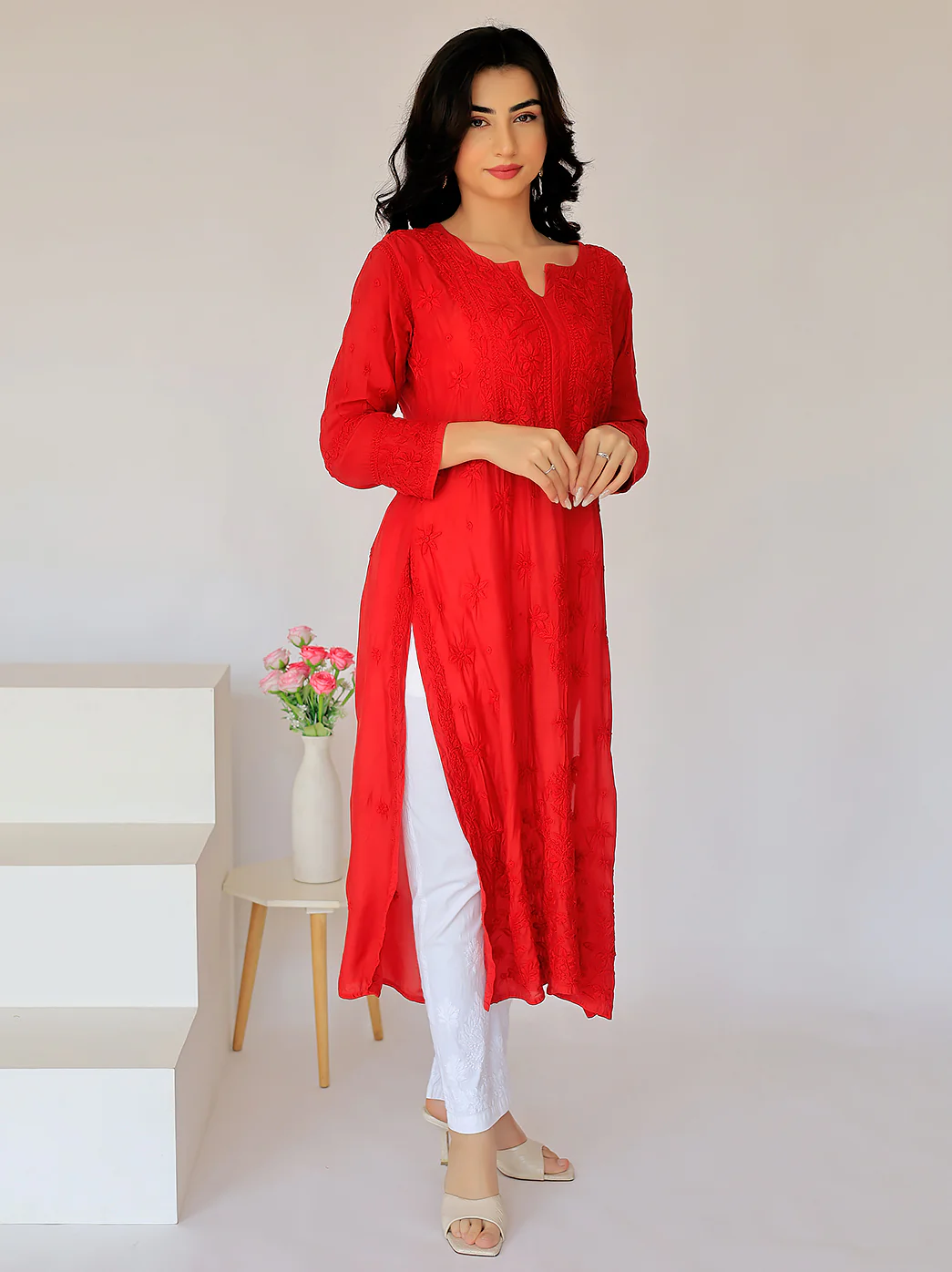 Arzu Upada Silk Chikankari Straight Kurti - Red - Image 5