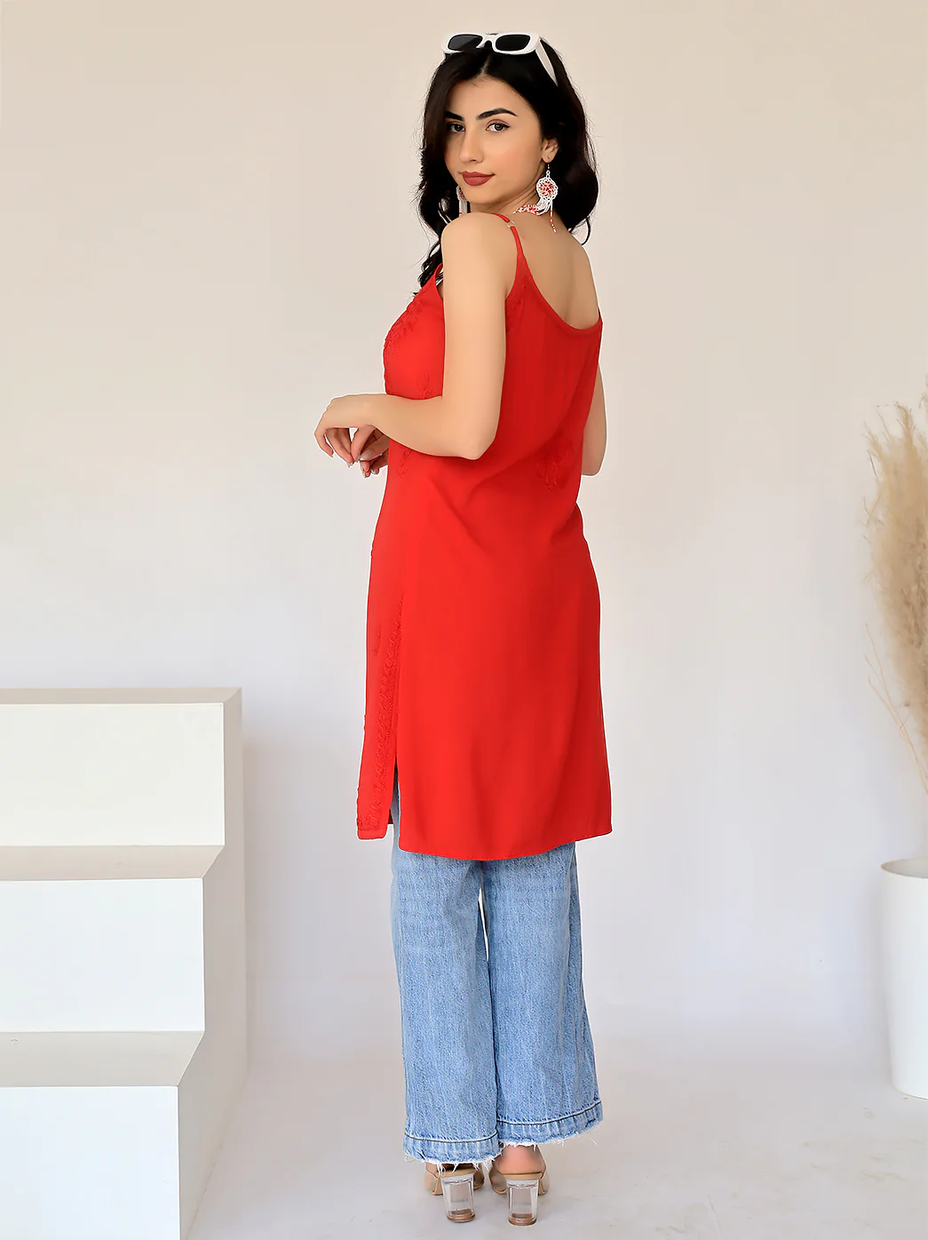 Avleen Modal Chikankari Strappy Short Kurta - Red - Image 10