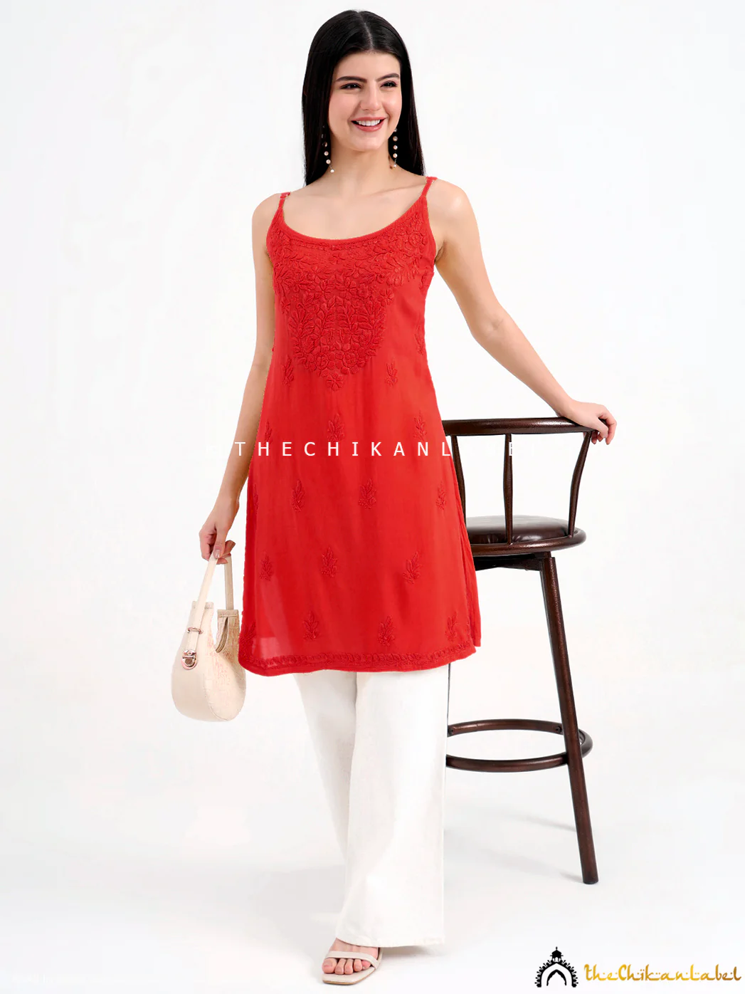 Avleen Modal Chikankari Strappy Short Kurta - Red - Image 4