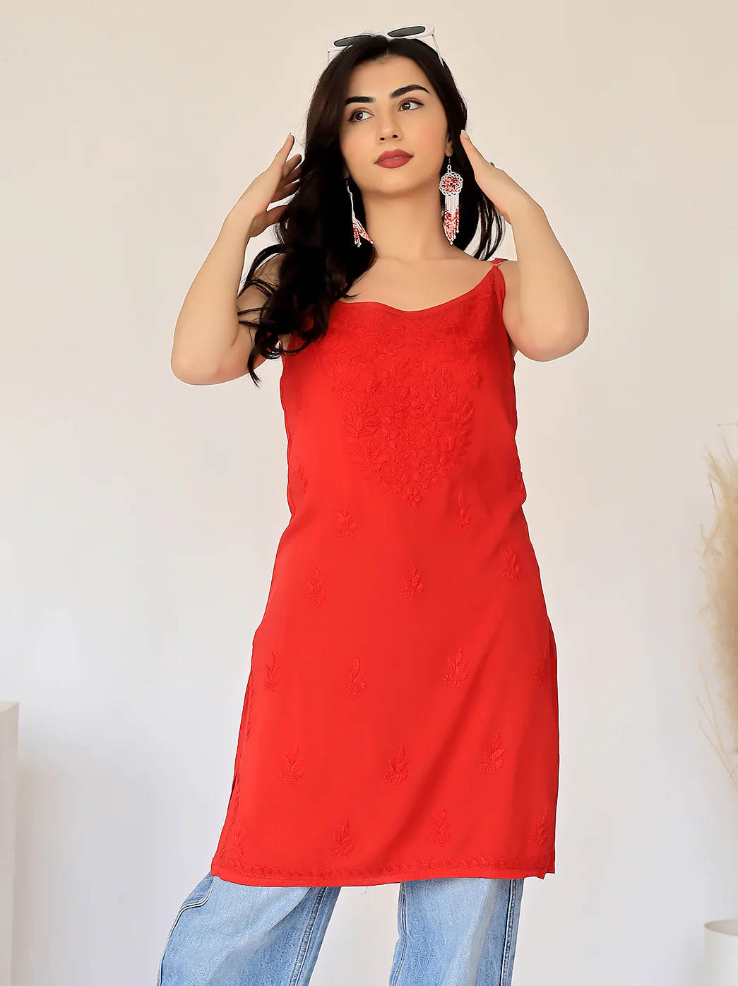 Avleen Modal Chikankari Strappy Short Kurta - Red - Image 5
