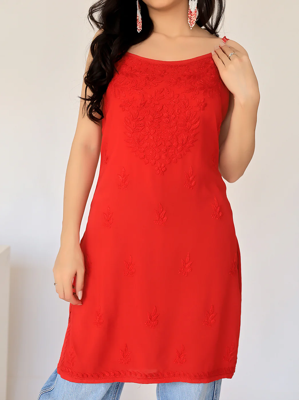 Avleen Modal Chikankari Strappy Short Kurta - Red - Image 6