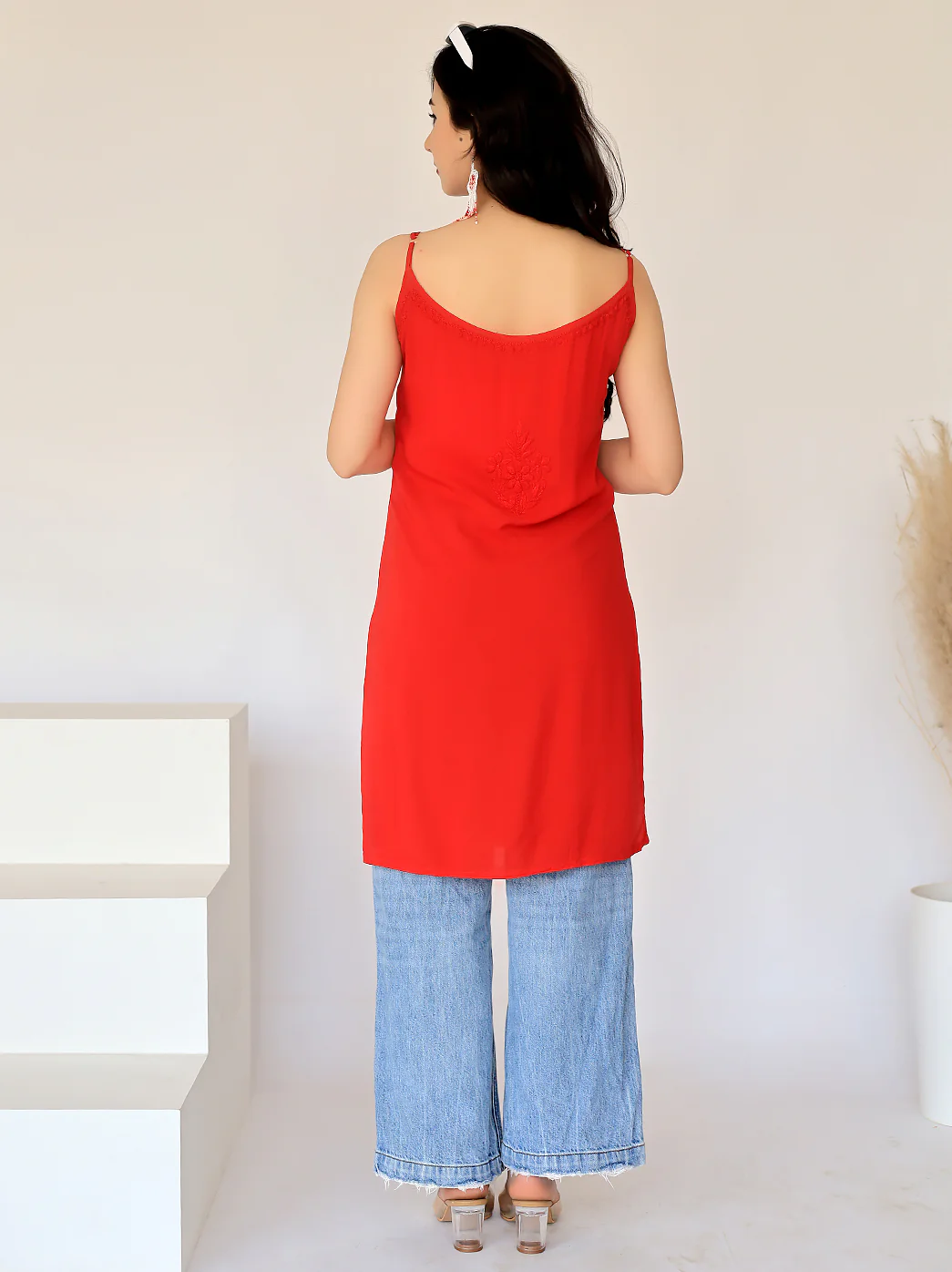 Avleen Modal Chikankari Strappy Short Kurta - Red - Image 7