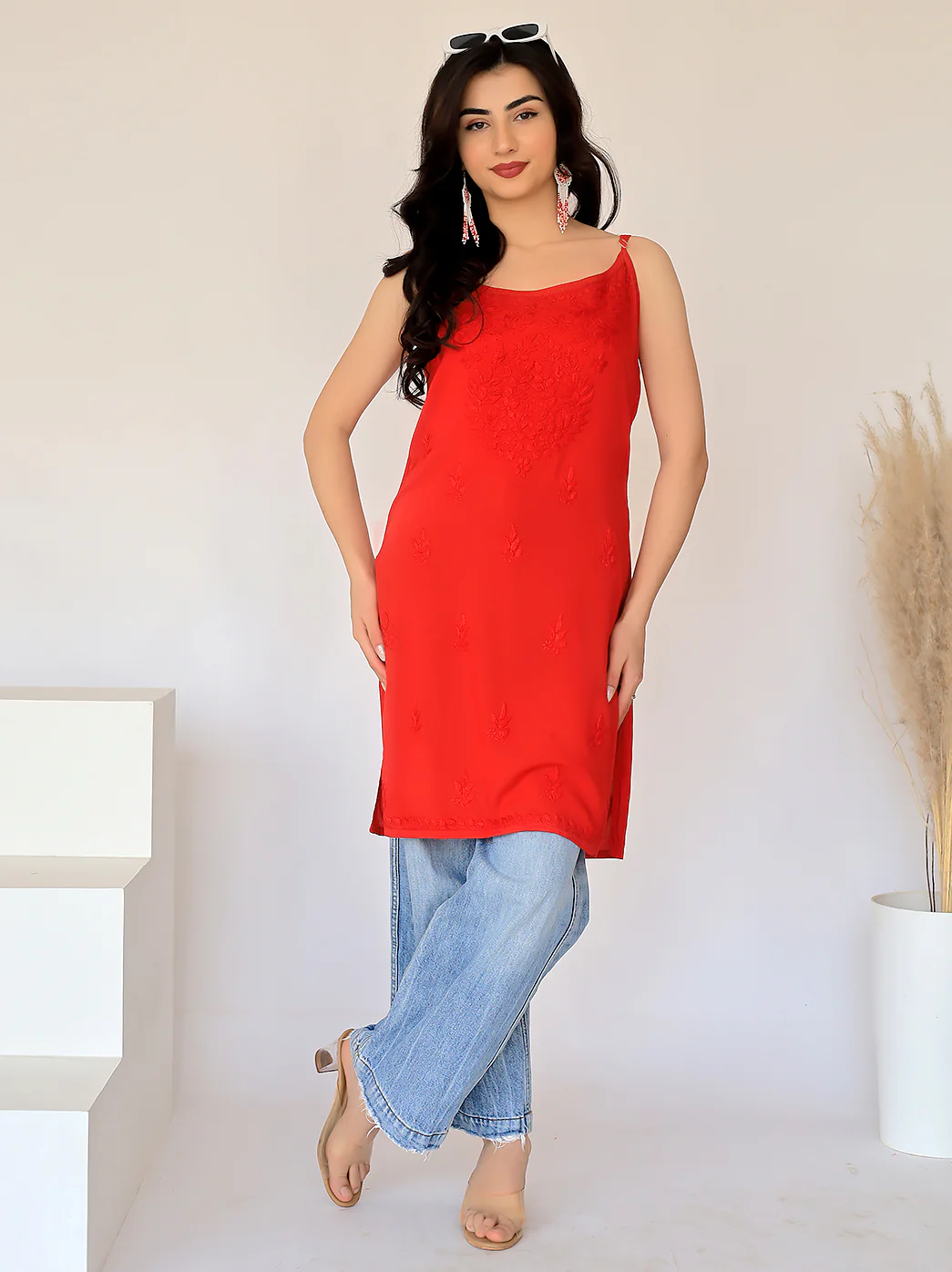 Avleen Modal Chikankari Strappy Short Kurta - Red - Image 8