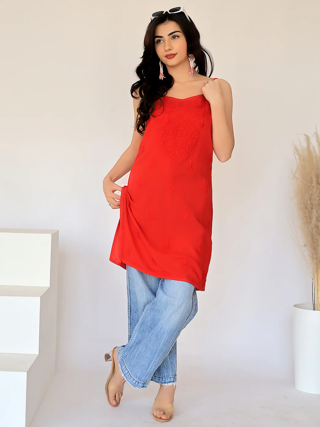 Avleen Modal Chikankari Strappy Short Kurta - Red - Image 9