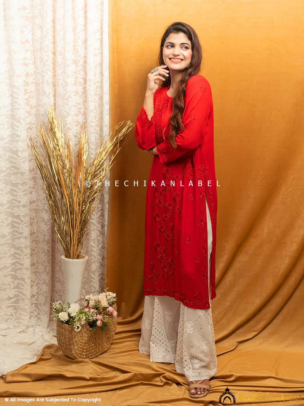 Avni Viscose Chikankari Straight Kurti-Red - Image 10