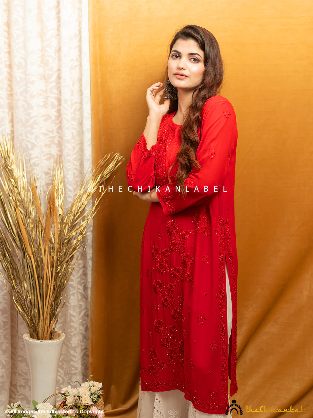 Avni Viscose Chikankari Straight Kurti-Red - Image 11